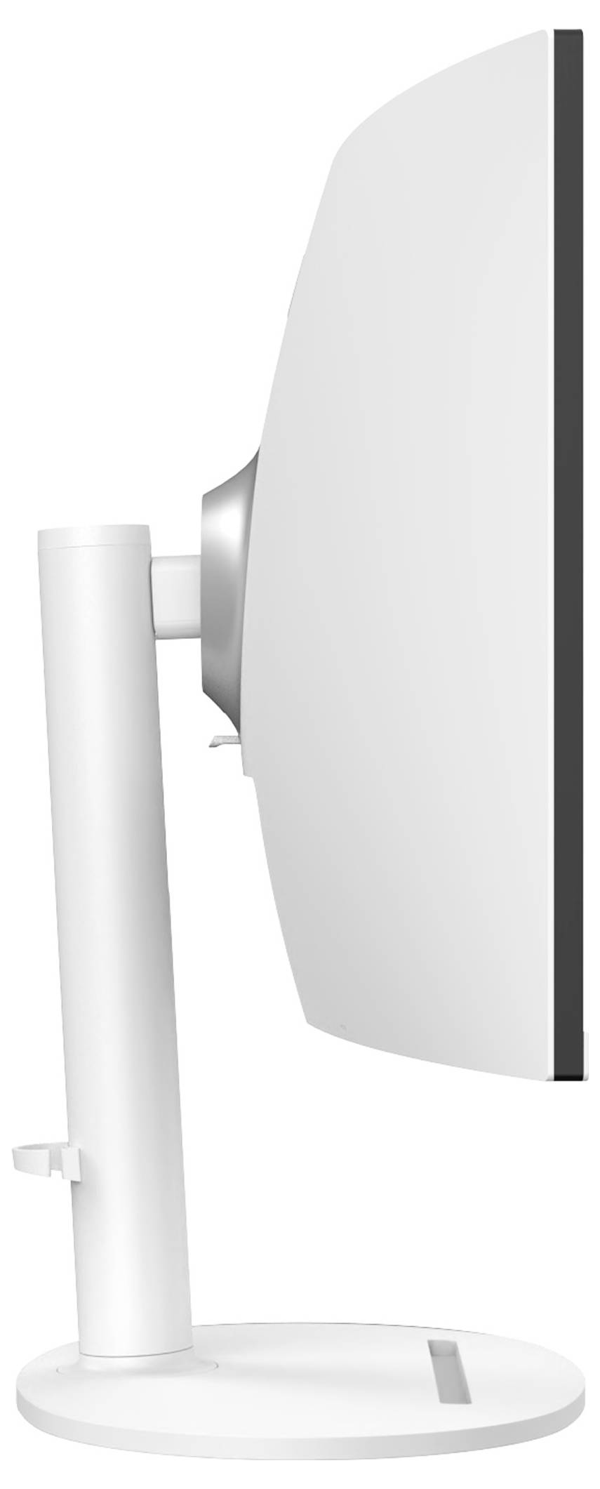 Seitenansicht eines schlanken, gebogenen Computermonitors auf rundem Sockel mit verstellbarem Ständer, der sein modernes und elegantes Design hervorhebt.