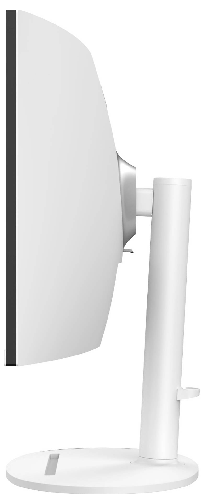 'Seitenansicht eines weißen Computermonitors auf einem Ständer, der den gekrümmten Bildschirm und das dünne Profil zeigt, geeignet für eine moderne Arbeitsplatzeinrichtung.'