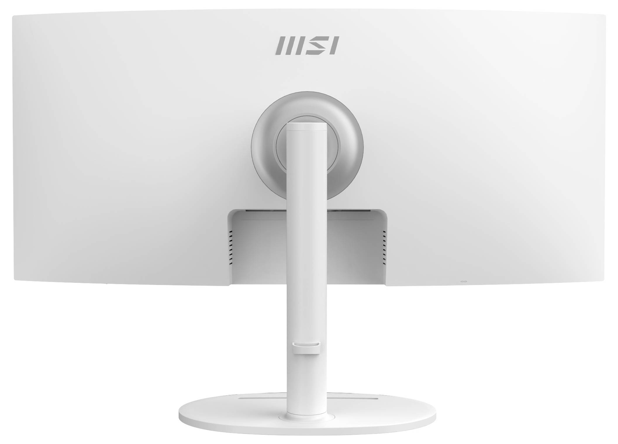 Rückansicht eines gekrümmten weißen MSI-Computermonitors mit Standfuß und kreisförmiger Befestigungspunkt vor weißem Hintergrund.