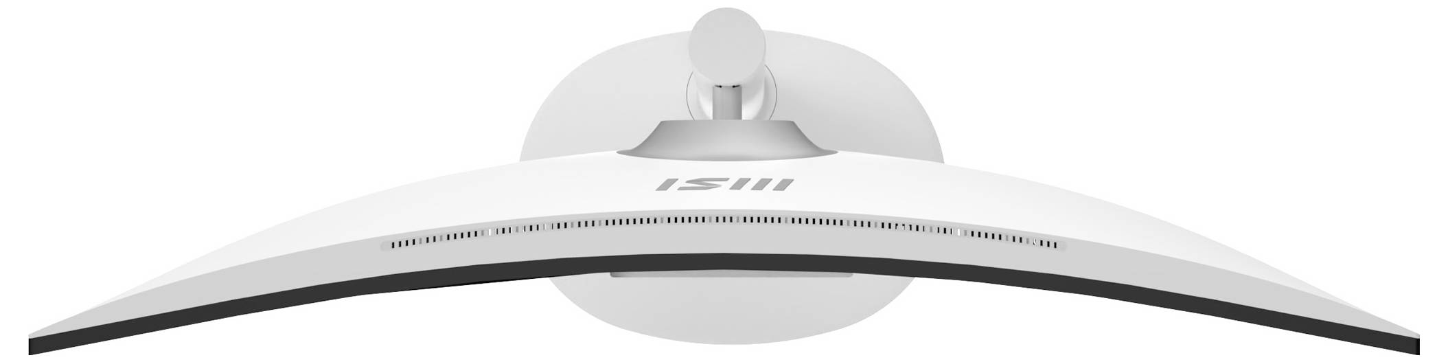 Gekrümmter weißer Monitor von hinten betrachtet, der ein elegantes Design und einen minimalistischen Ständer zeigt.