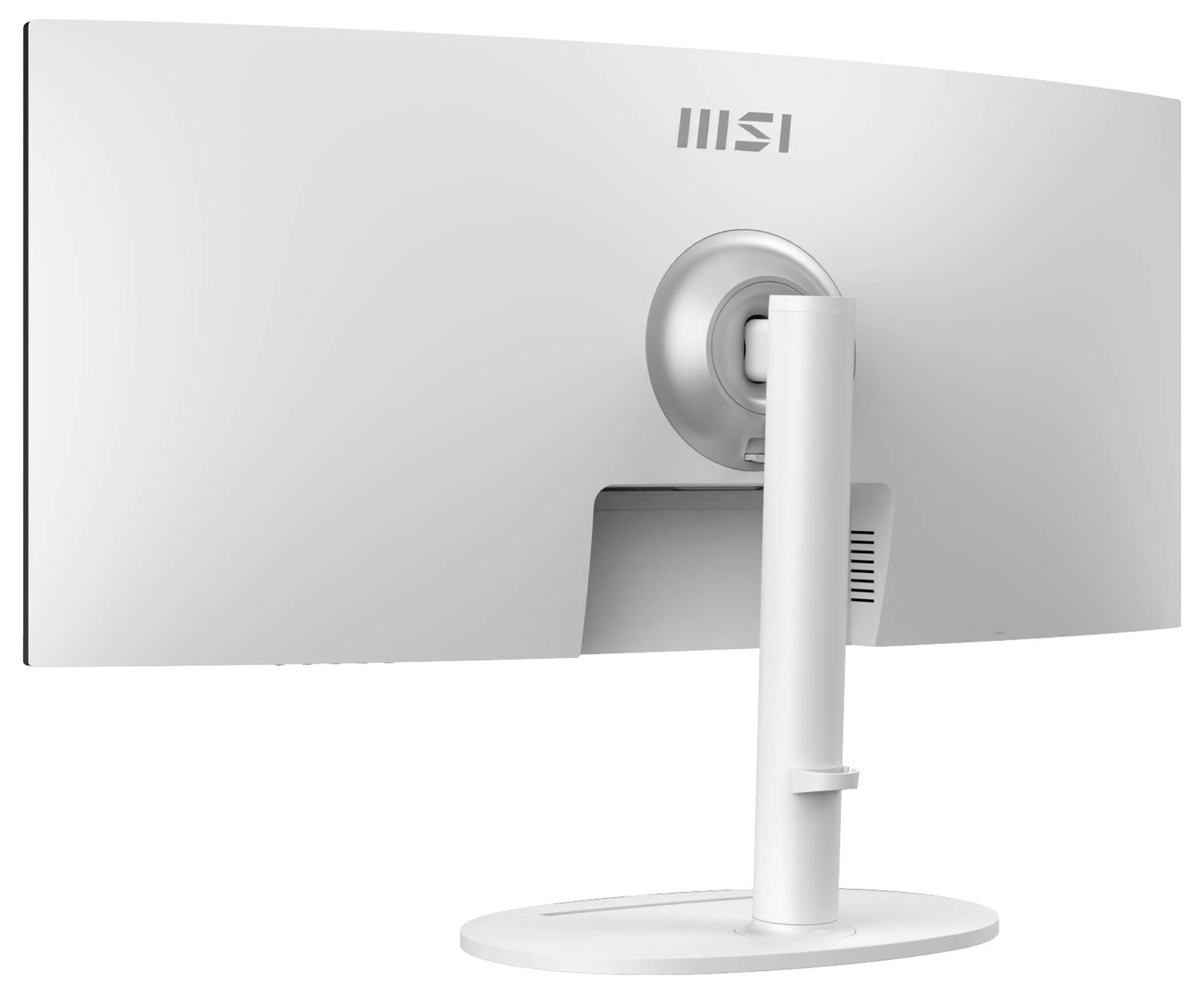 Ein weißer, ultrabreiter Computermonitor, von hinten gezeigt, mit einem minimalistischen Design, einem kreisförmigen Ständer und subtiler Markengebung.