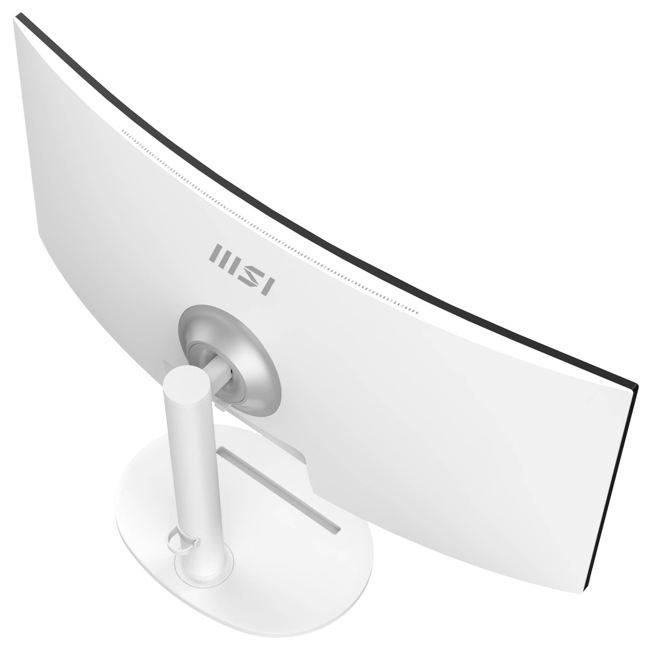 Gekrümmter weißer Computermonitor mit schmalem Rahmen, von oben und von hinten betrachtet, mit verstellbarem Ständer.