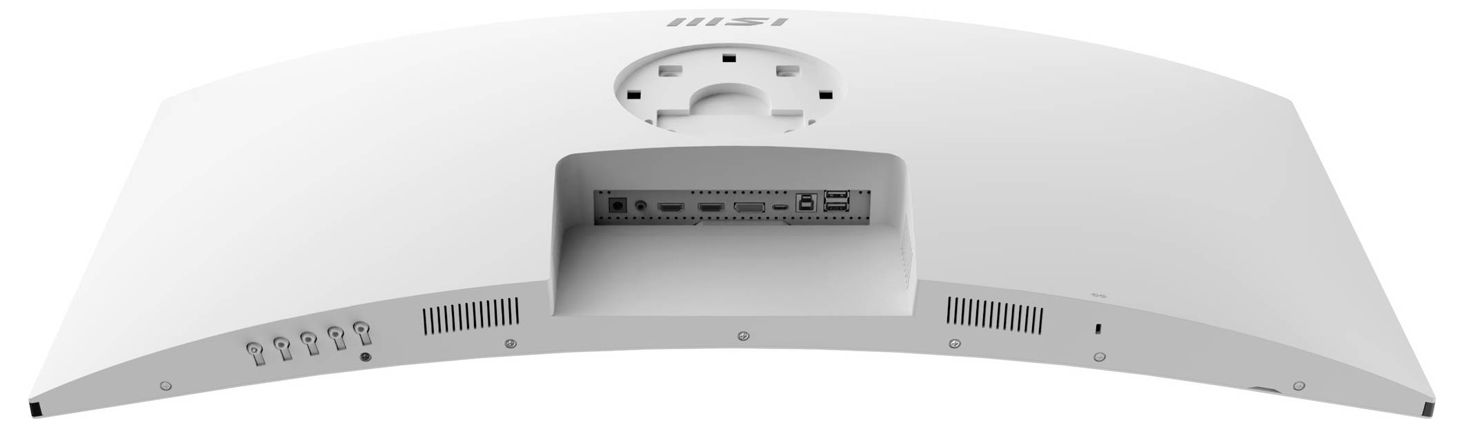 Die Rückseite eines weißen gebogenen Monitors mit Anschlüssen einschließlich HDMI, USB und Stromverbindungen unter einem Unternehmenslogo.