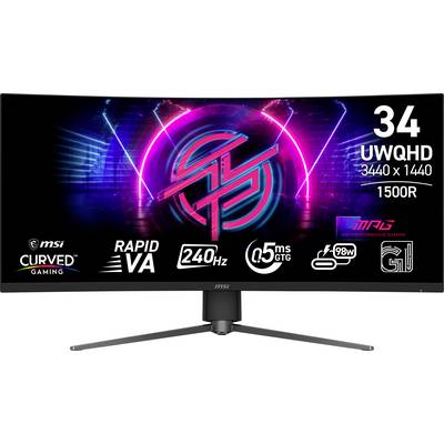 MSI 34-Zoll-Gaming-Monitor mit gebogener Oberfläche, UWQHD-Auflösung von 3440 x 1440, 1500R-Krümmung, 240Hz Bildwiederholfrequenz und 0,5ms Reaktionszeit.