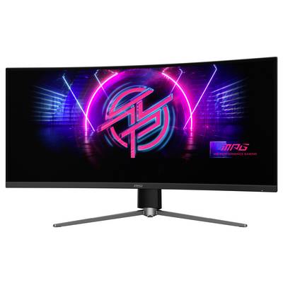 „MSI gekrümmter Gaming-Monitor zeigt lebendige Neon-Grafiken. Logo in der Mitte, Text lautet „MSI PERFORMANCE GAMING". Modernes Tech-Design."