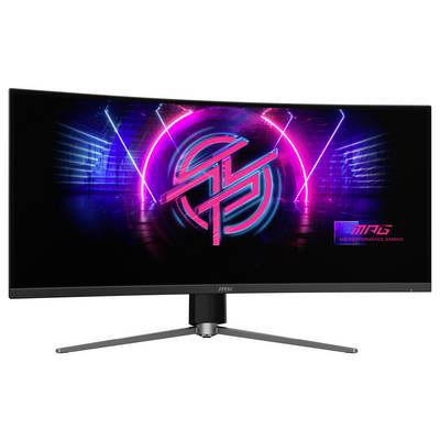 Ein gekrümmter Gaming-Monitor, der lebhafte Neon-Grafiken mit dem MSI-Logo und dem Text „MSI Performance Gaming" auf dem Bildschirm anzeigt.