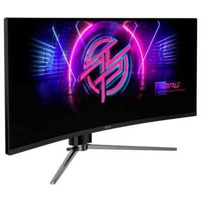Gekrümmter Gaming-Monitor mit schlankem Design, auf dem lebendige Neon-Grafiken und der Text "MSI Performance Gaming" angezeigt werden.