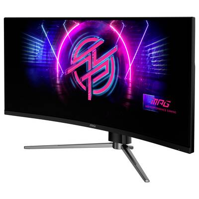 Gekrümmter Gaming-Monitor im Breitbildformat, der Neonlichter und ein futuristisches Logo anzeigt. Das Logo lautet „MSI Performance Gaming".
