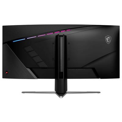 Rückansicht eines großen, gekrümmten Gaming-Monitors mit LED-Leuchten und einem Ständer.