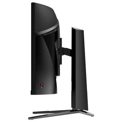 Seitenansicht eines modernen, flachen Computer-Monitors mit schlankem, schwarzem Design, der einen verstellbaren Ständer und Anschlüsse auf der Rückseite zeigt.