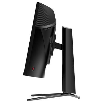 Ein eleganter, moderner schwarzer Computermonitor mit gekrümmtem Bildschirm, von der Seite betrachtet, der sein dünnes Profil und minimalistisches Design hervorhebt.