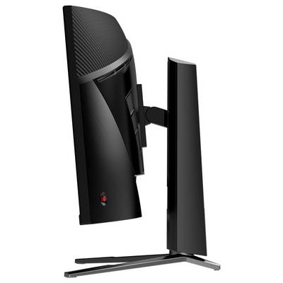 Seitenansicht eines eleganten, schwarzen gebogenen Computermonitors auf einem Ständer, der sein dünnes Profil und sein modernes Design zur Schau stellt.