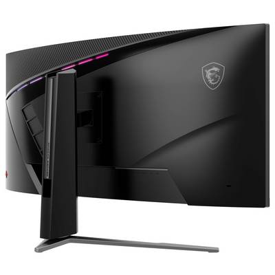 Ein eleganter, gekrümmter Gaming-Monitor von hinten, mit einem schwarzen Gehäuse mit subtiler RGB-Beleuchtung entlang der oberen Kante und einem robusten Ständer.