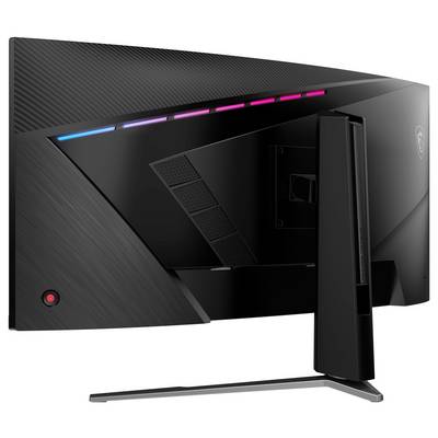 Ein eleganter, schwarzer Gaming-Monitor aus einem hinteren Blickwinkel, der LED-Beleuchtung entlang der oberen Kante und einen stabilen Ständer zeigt und sein modernes Design unterstreicht.