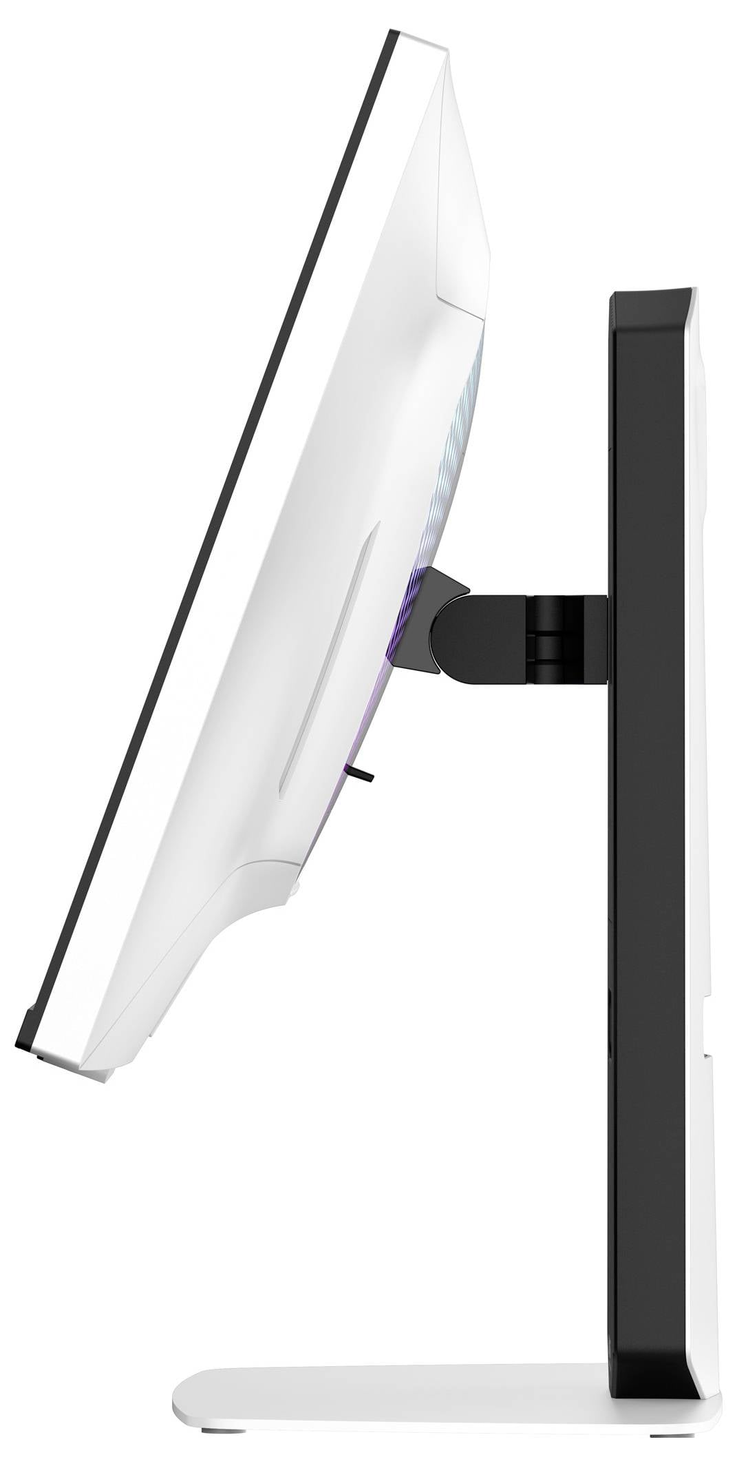 Eine Seitenansicht eines modernen Computermonitors auf einem schwarzen Ständer, die sein schlankes Design und die verstellbare Neigungs­funktion zeigt.
