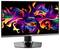 MSI-Gaming-Monitor mit farbenfrohem abstraktem Design auf dem Bildschirm, mit lebendigen Wirbeln in Lila, Orange und Grün