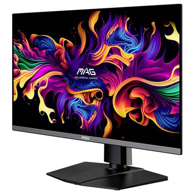 MSI MAG Gaming-Monitor mit lebendigen, abstrakten farbigen Flammen auf dem Bildschirm, vor einem schlichten Hintergrund.