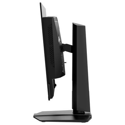 Seitenansicht eines schwarzen Computermonitors, der seinen verstellbaren Ständer zeigt und sein schlankes Design sowie seine moderne Ästhetik zur Schau stellt.