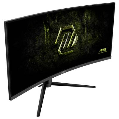 Gebogener Gaming-Monitor mit Ständer, der auf dem Bildschirm ein grünes abstraktes Design anzeigt.