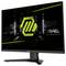 Gaming-Monitor mit MSI-Logo, das grüne futuristische Grafiken auf dem Bildschirm anzeigt. Der Ständer ist schwarz, und das Design ist elegant.
