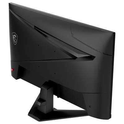 Ein schlanker schwarzer Computermonitor, von hinten betrachtet, mit modernem Design mit scharfen Kanten und einem Markenlogo auf der Seite.