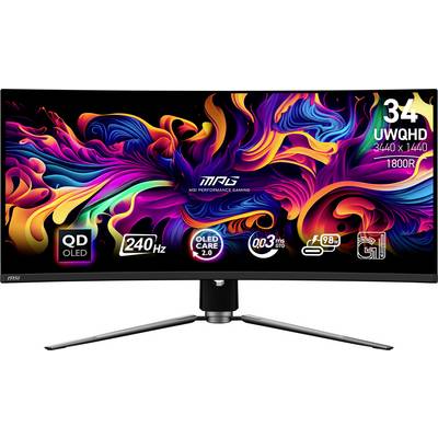 Ein lebhafter gebogener Gaming-Monitor mit dynamischen abstrakten Farben und den technischen Daten: „34 UWQHD, 3440 x 1440, QD OLED, 240Hz, 0,03 ms".