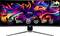 Ein lebhafter gebogener Gaming-Monitor mit dynamischen abstrakten Farben und den technischen Daten: „34 UWQHD, 3440 x 1440, QD OLED, 240Hz, 0,03 ms".
