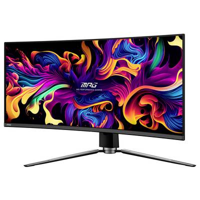 Ein breitbildiger Gaming-Monitor, der lebendige, abstrakte mehrfarbige Wirbel anzeigt und damit seine lebhafte Farbfähigkeit und sein elegantes Design hervorhebt.