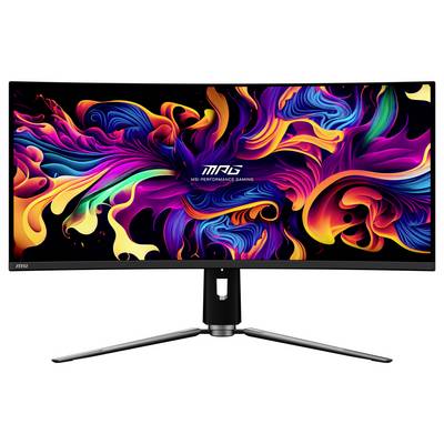 MSI Ultrawide-Monitor zeigt lebendige, farbenfrohe abstrakte Kunstwerke auf dem Bildschirm und betont hochauflösende Leistung und Gaming-Fokus.