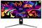 MSI Ultrawide-Monitor zeigt lebendige, farbenfrohe abstrakte Kunstwerke auf dem Bildschirm und betont hochauflösende Leistung und Gaming-Fokus.
