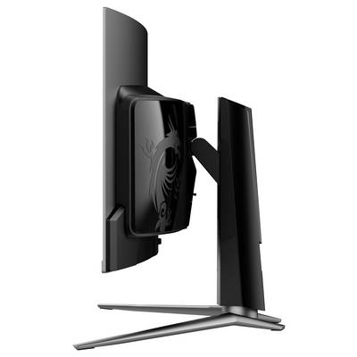 Seitenansicht eines modernen schwarzen Computermonitors mit elegantem Design, mit einem Drachenwappen auf der Rückseite und einem robusten Standfuß.