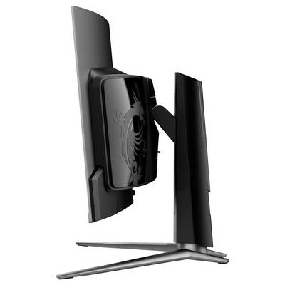 Ein schlanker schwarzer Computermonitor mit einem Drachenemblem auf der Rückseite, von der Seite betrachtet, das sein modernes und minimalistisches Ständerdesign hervorhebt.