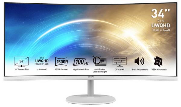 MSI Pro MP341CQWDE LED-Monitor  EEK G (A - G) 86.4 cm (34 Zoll) 3440 x 1440 Pixel 21:9 4 ms DVI, HDMI® 2.0b, DisplayPort, Kopfhörer-Buchse, Audio-Line-in VA LED