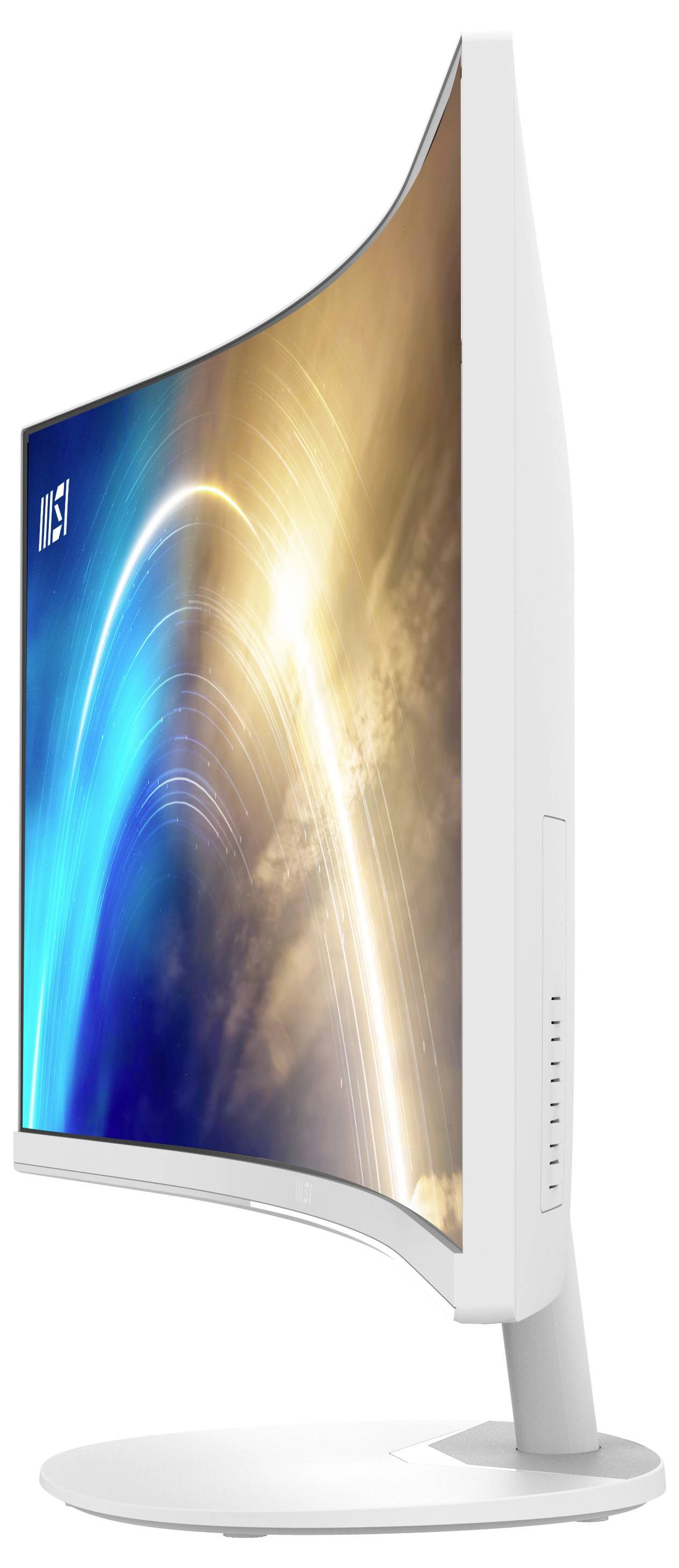 Gekrümmter Computermonitor in Profilansicht, zeigt lebendige Farben mit einem dynamischen, schwungvollen Lichtmuster von links nach rechts.