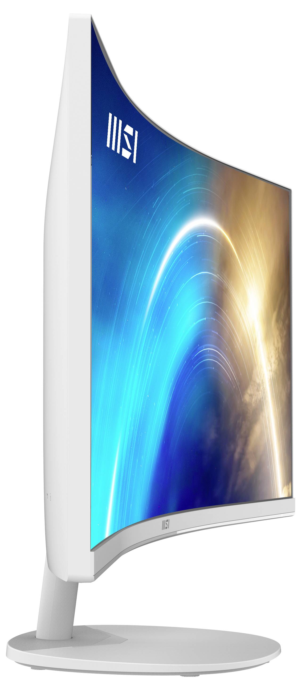 Ein eleganter, gekrümmter Computermonitor zeigt eine lebendige Mischung aus blauen und orangefarbenen abstrakten Mustern auf dem Bildschirm, vor einem weißen Hintergrund.