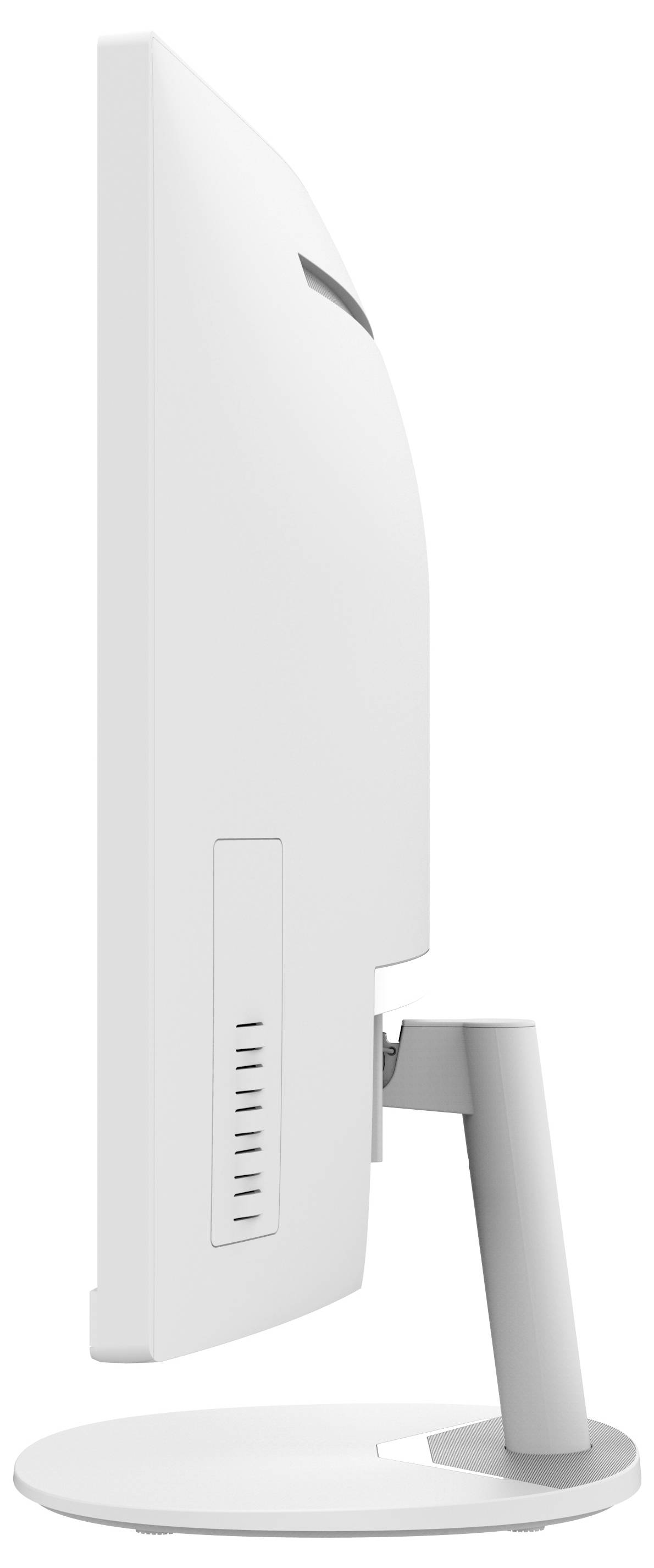 Profilansicht eines modernen Computermonitors mit schlankem, weißem Design und verstellbarem Ständer.