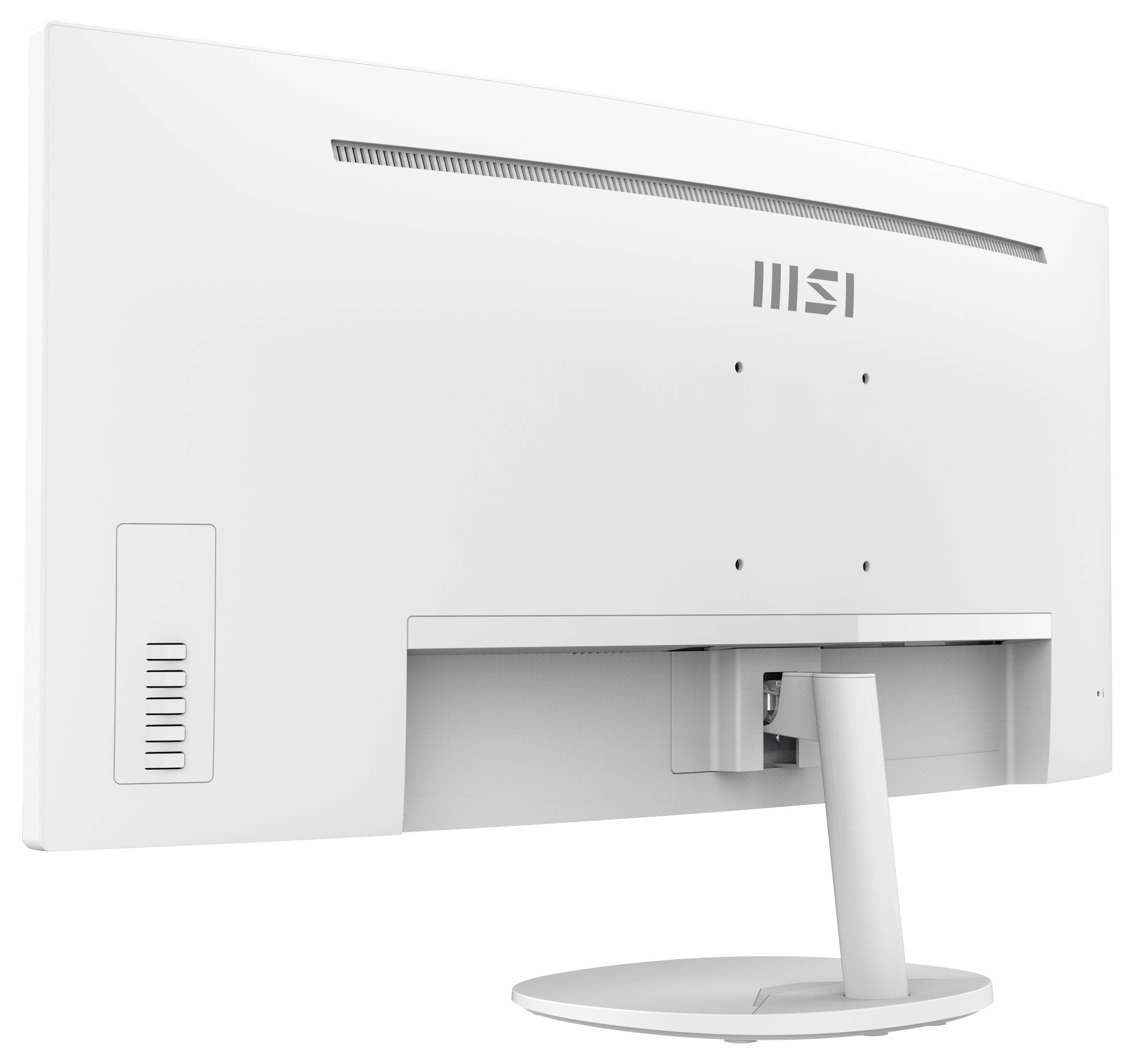 Das Bild zeigt die Rückansicht eines weißen gekrümmten MSI-Computermonitors auf einem Ständer und hebt das minimalistische Design hervor.