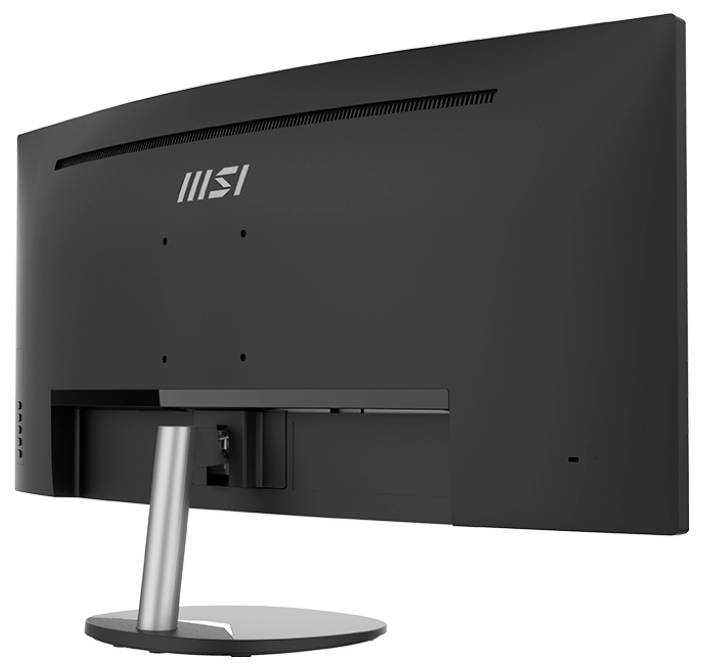 Das Bild zeigt die Rückansicht eines gekrümmten MSI-Computermonitors auf einem Ständer mit einem eleganten schwarzen Design und sichtbaren Anschlüssen.