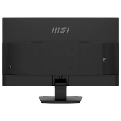Ein schwarzer Computermonitor von hinten betrachtet, mit einem zentralen Ständer und dem Logo eines Technologieunternehmens in der Nähe der oberen Kante.