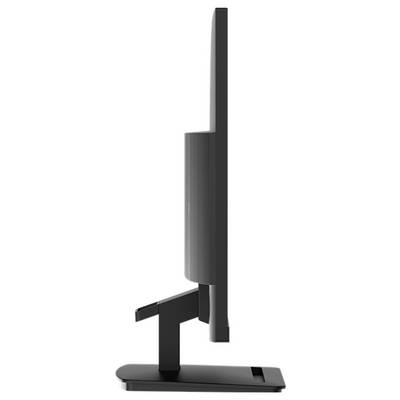 Ein schlanker, schwarzer Computermonitor von der Seite betrachtet, der ein minimalistisches Design mit dünnen Rahmen und einer stabilen Basis zeigt.