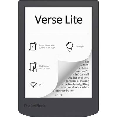 Das Bild zeigt einen E-Reader, den "Verse Lite" von PocketBook, mit einem 6-Zoll-E-Ink-Carta-Bildschirm, multisensor-Touchscreen und Wi-Fi.