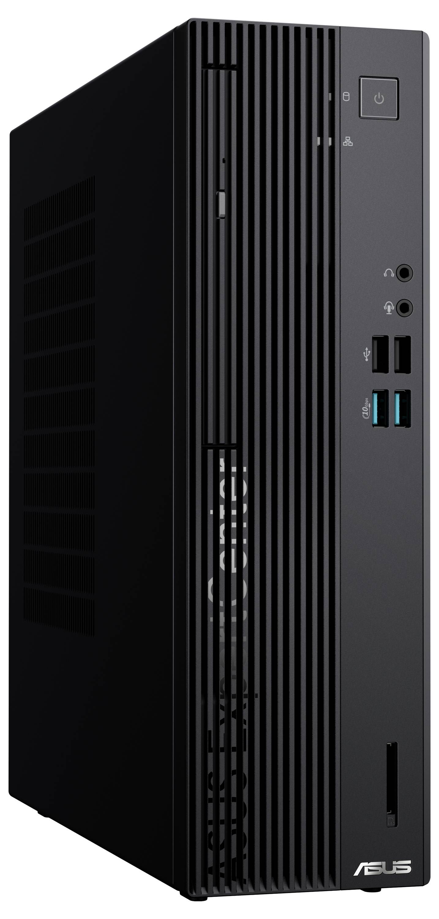 Ein schwarzer Desktop-Computer-Tower mit vertikalen Lüftungsschlitzen auf der Frontblende, ausgestattet mit Powerknopf, USB-Anschlüssen und "ASUS"-Logo unten.