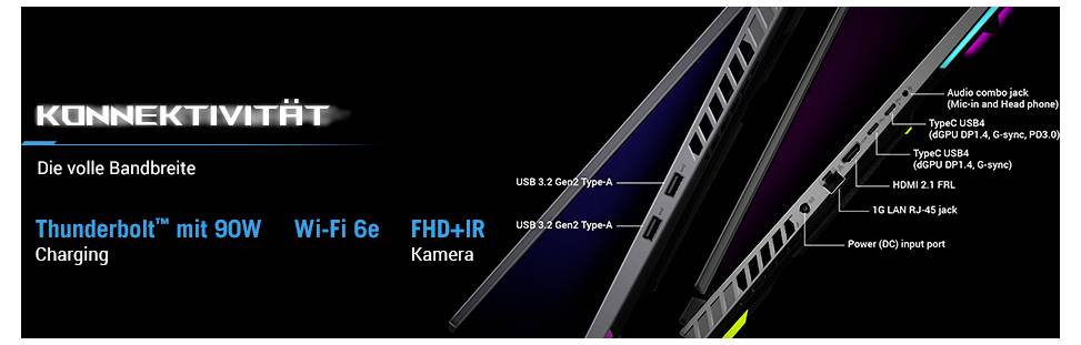 Laptop mit Hervorhebung der Anschlüsse: Thunderbolt 4, Wi-Fi 6e, FHD+IR Kamera, USB 3.2 Typ-C und Typ-A, HDMI 2.1, Audio-Combo.