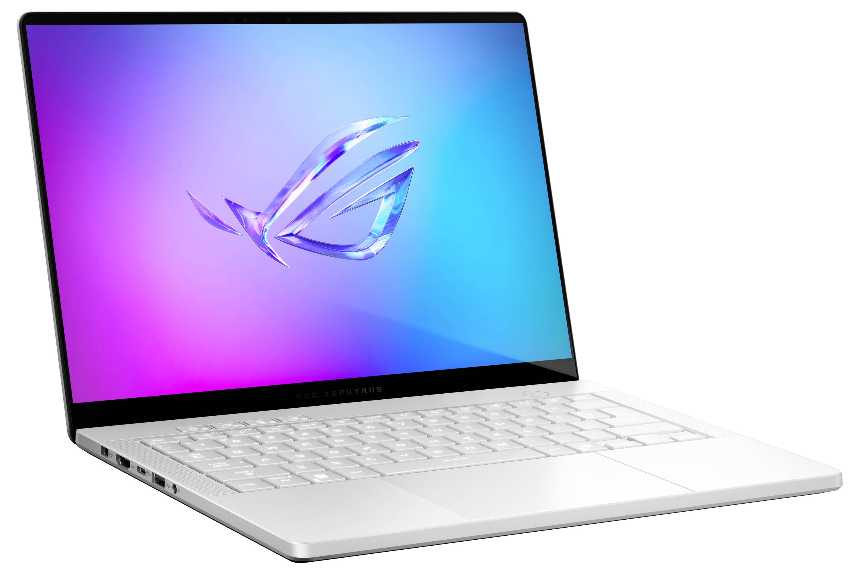 Ein eleganter Laptop mit einem lebendigen Bildschirm, auf dem ein futuristisches Logo angezeigt wird, leicht geöffnet auf weißem Hintergrund.