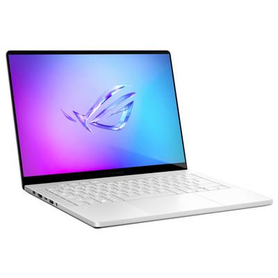 Ein eleganter Laptop mit einem lebendigen Bildschirm, auf dem ein futuristisches Logo angezeigt wird, leicht geöffnet auf weißem Hintergrund.
