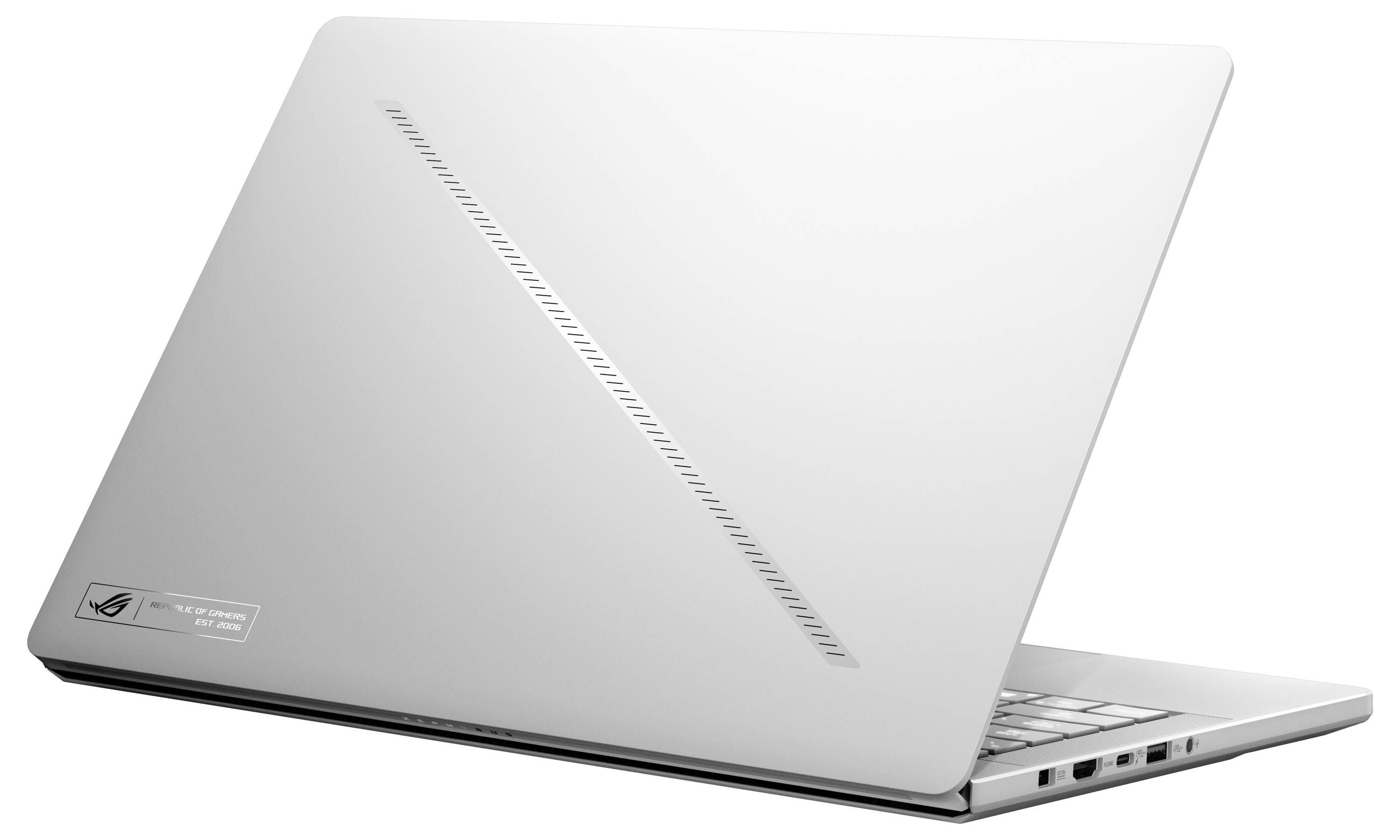 Tragbarer weißer Laptop zugeklappt, Schrägansicht zeigt schlankes Design und hintere Anschlüsse.