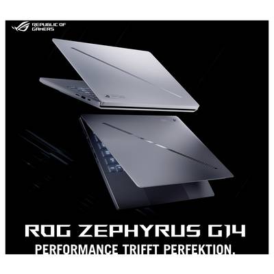 Zwei silberne Laptops in verschiedenen Winkeln. Text: 'ROG Zephyrus G14. Performance trifft Perfektion.'