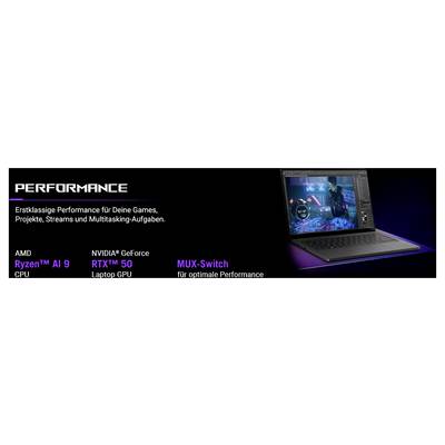 'Leistungsbeschreibung: Erstklassige Performance für Games, Projekte und Multitasking mit AMD Ryzen A9 CPU, NVIDIA GeForce RTX 50 GPU und MUX-Switch.'