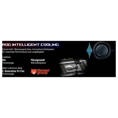 'ROG Intelligent Cooling' zeigt ein Kühlsystem mit lautloser Lüftertechnologie und flüssigem Metall für hohe Leistung und Langlebigkeit.