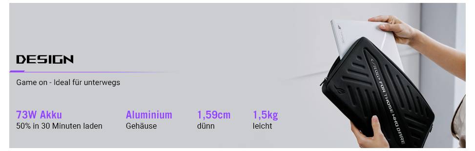 'Design' und 'Game on - Ideal für unterwegs': Frau steckt Tablet in schwarze Tasche. Text: 73W Akku, 50% in 30 Minuten laden. Aluminium-Gehäuse, 1,59 cm dünn, 1,5 kg leicht.